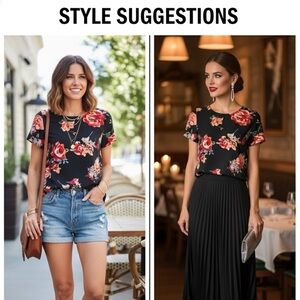 Le Lis Black Red Floral Print Top Short Sleeve Blouse Casual Work M